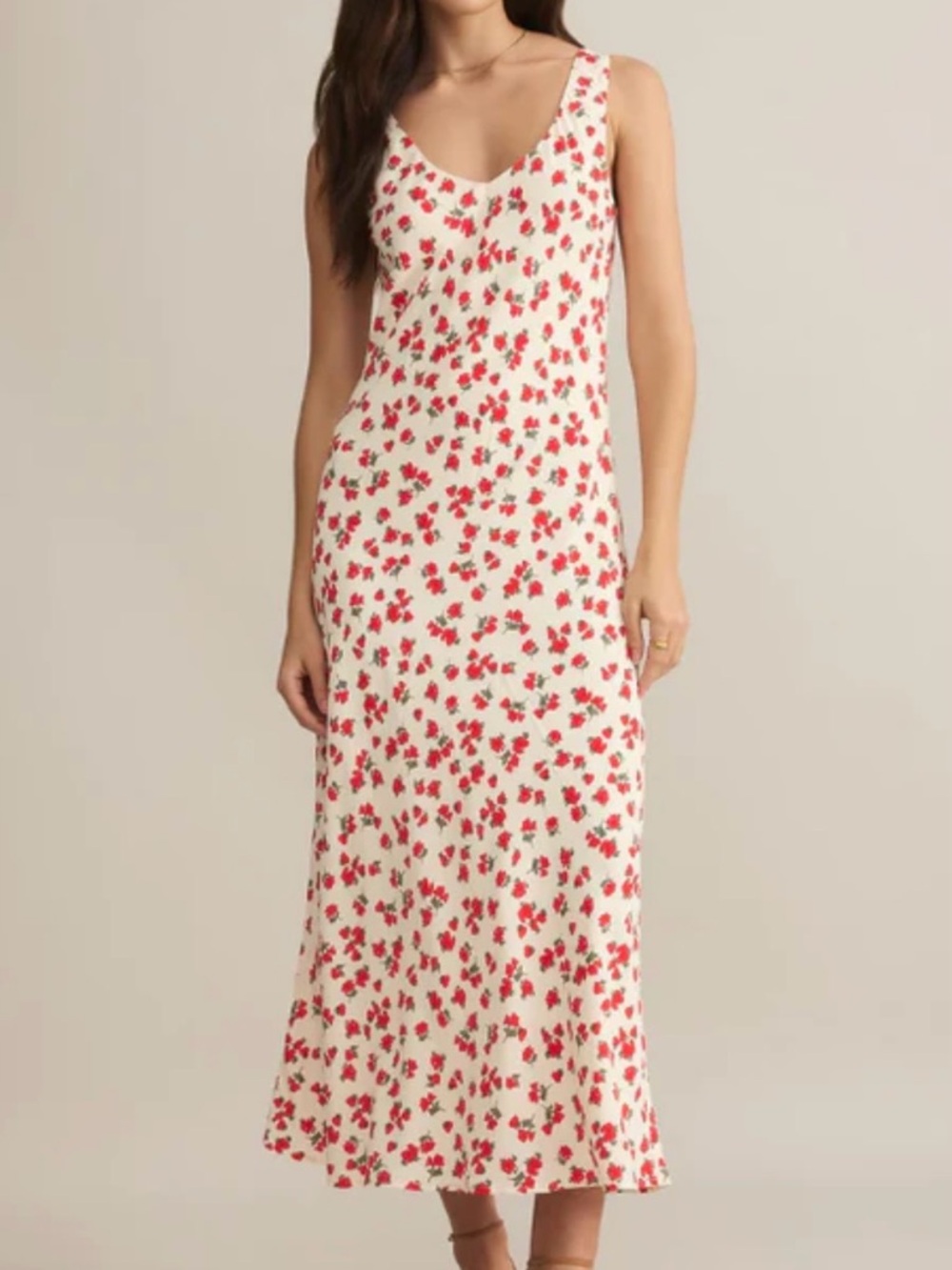 Cream Maxi Slip Dress with Red Floral Print
